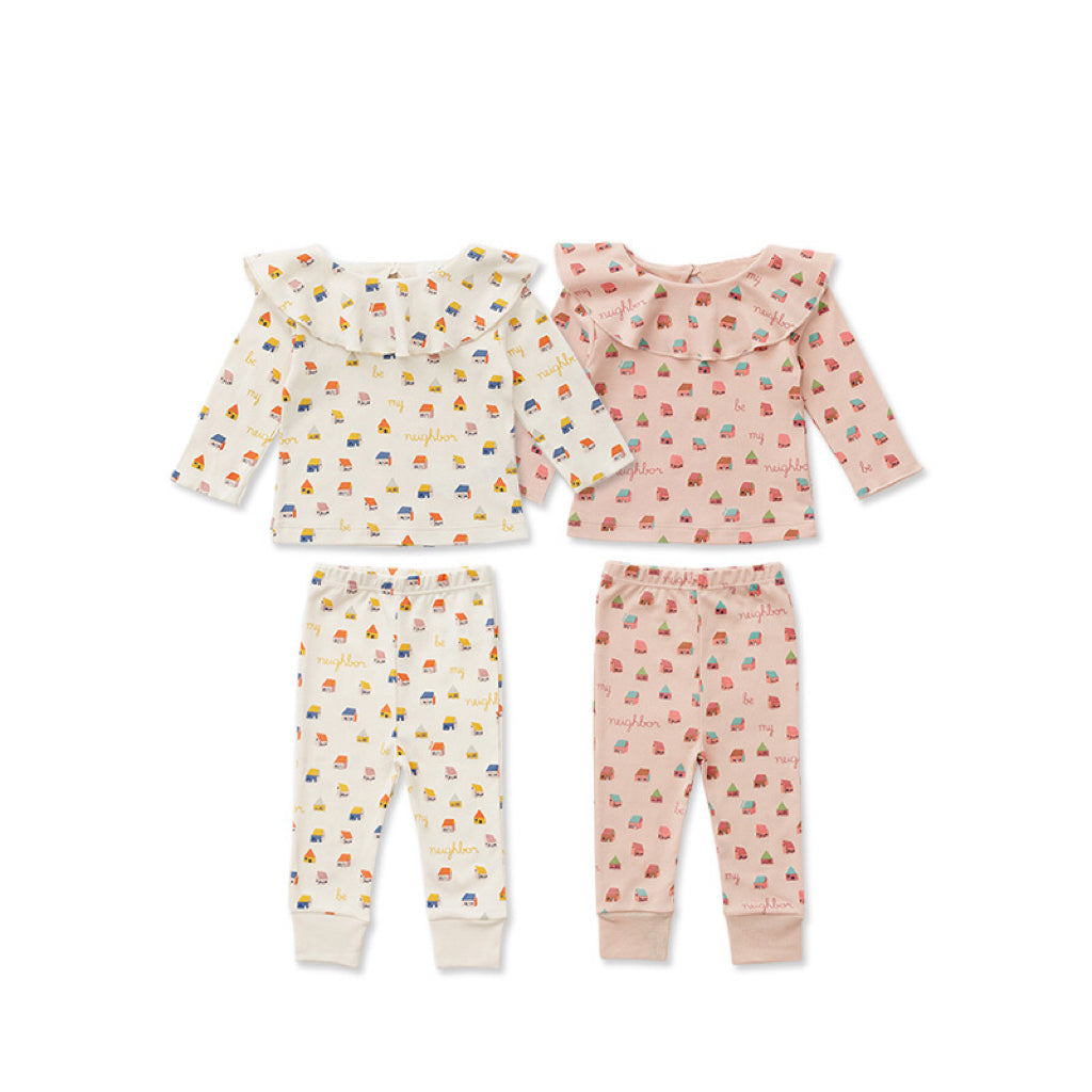 Cartoon & Plaid Pattern Ruffle Neck Design Long Sleeve Sets