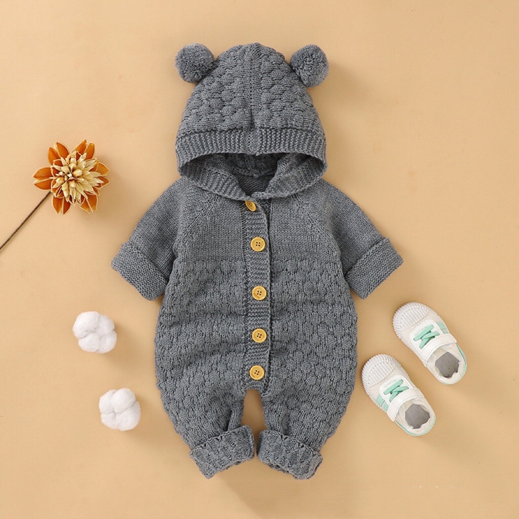 1pcs Cable Knitted Graphic Button Front Design Rompers With Hairball Patched Hat