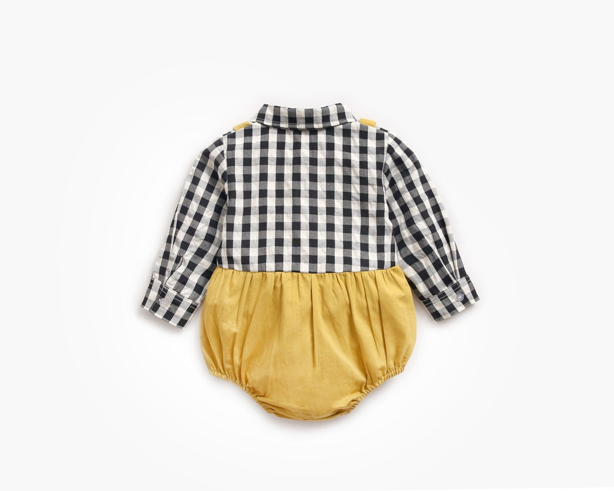 1pcs Plaid Pattern False 1 Pieces Design Lapel Bodysuit Onesies