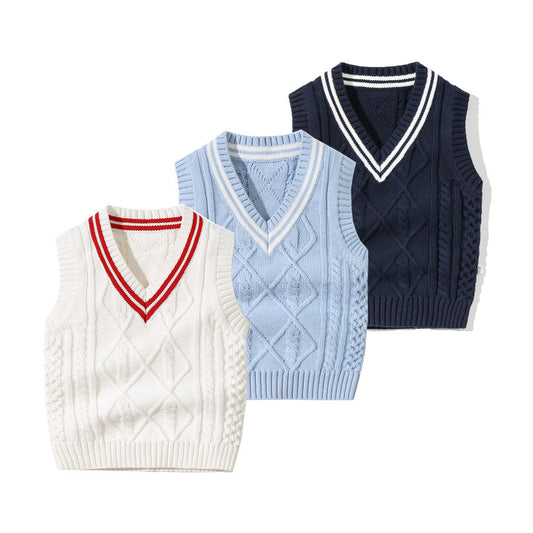 Crochet Knitting Pattern Striped V-Neck Design College Style Sleeveless Vest Sweater