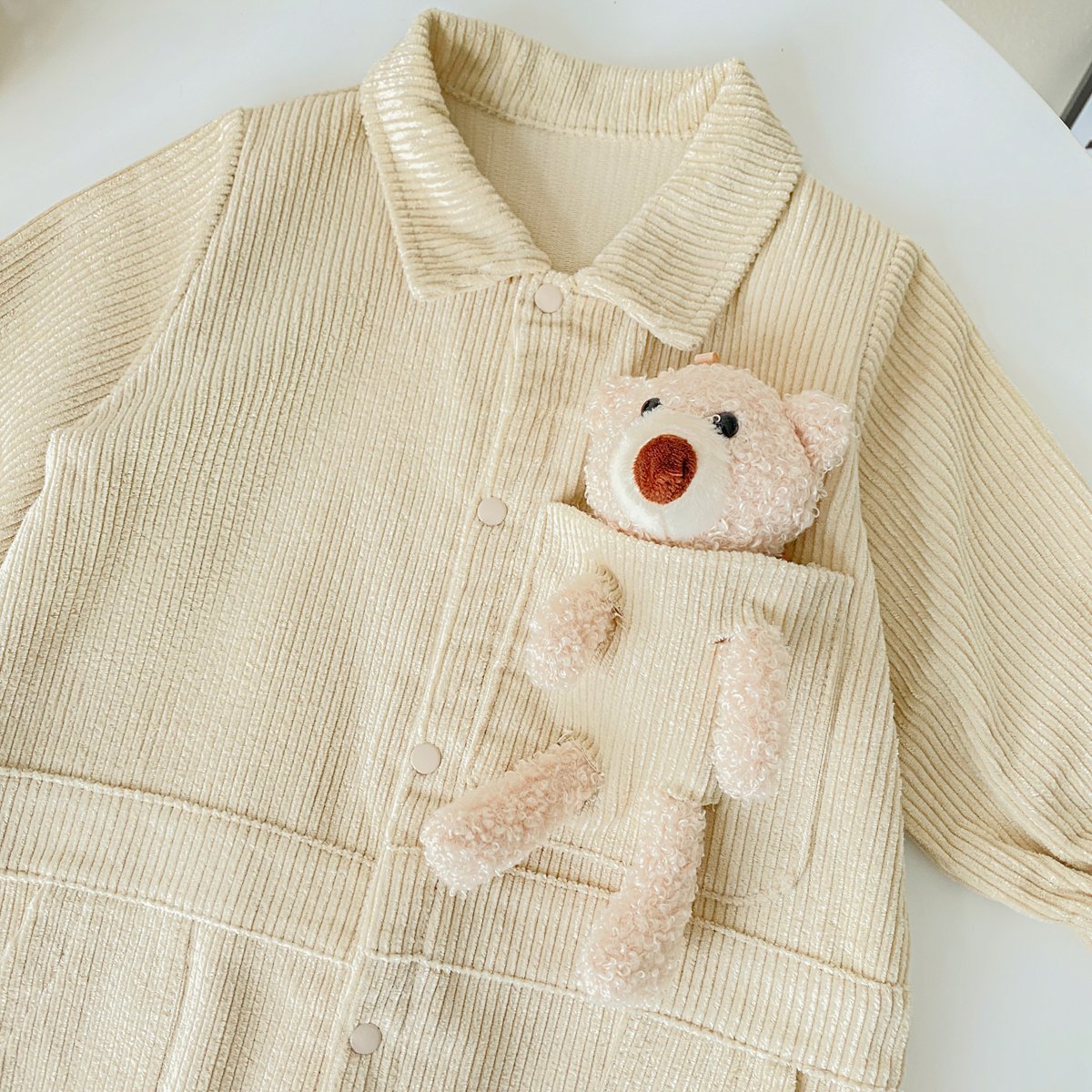 3D Cartoon Bear Patched Design Corduroy Fabric Button Front Romper