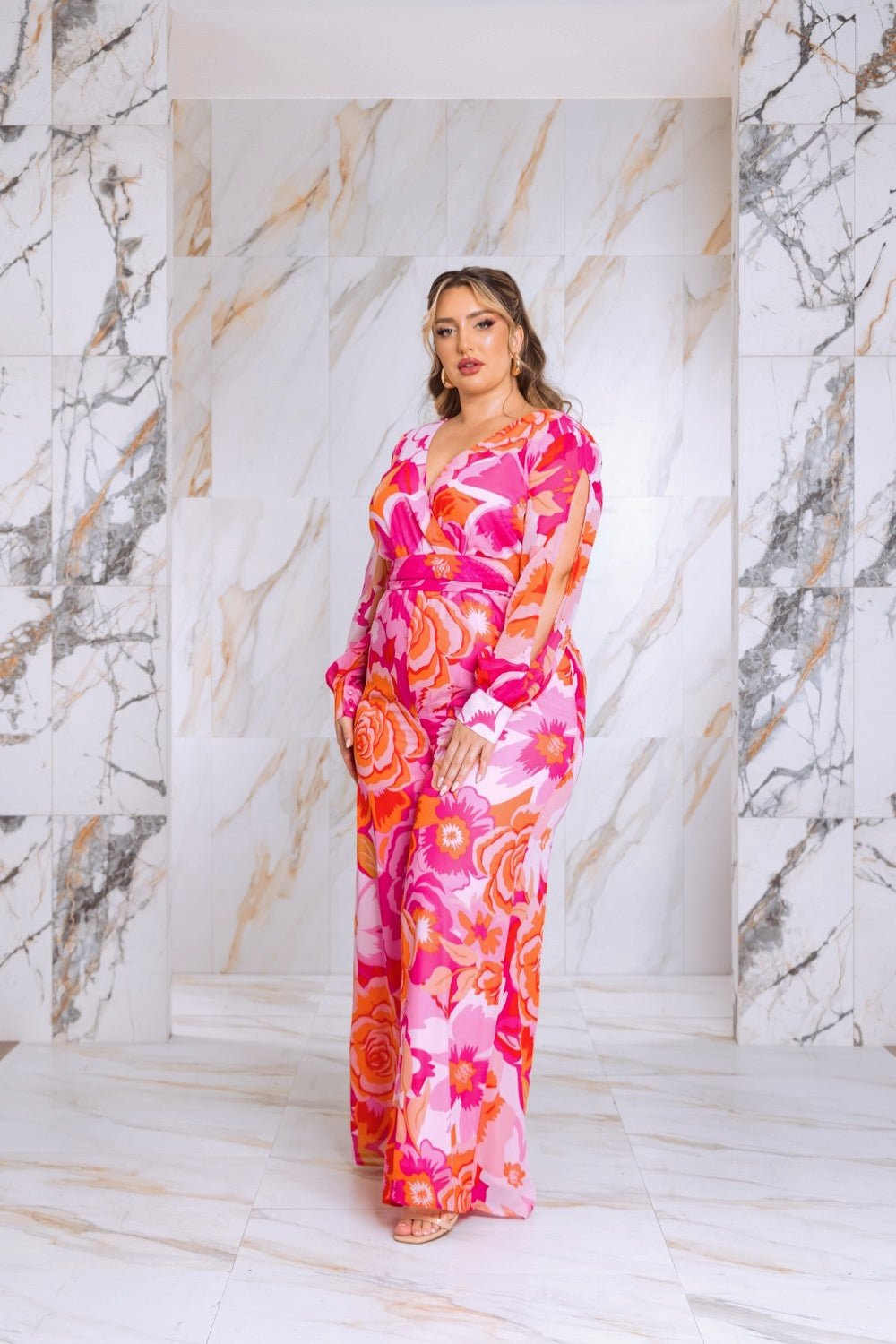 Floral Print Jumpsuit with Long Bishop Split Sleeves - Pink