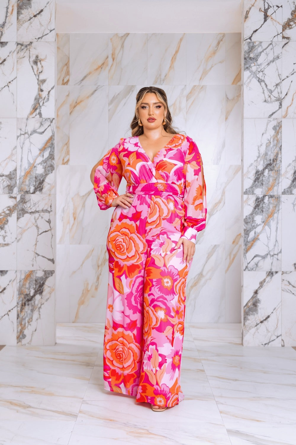 Floral Print Jumpsuit with Long Bishop Split Sleeves - Pink