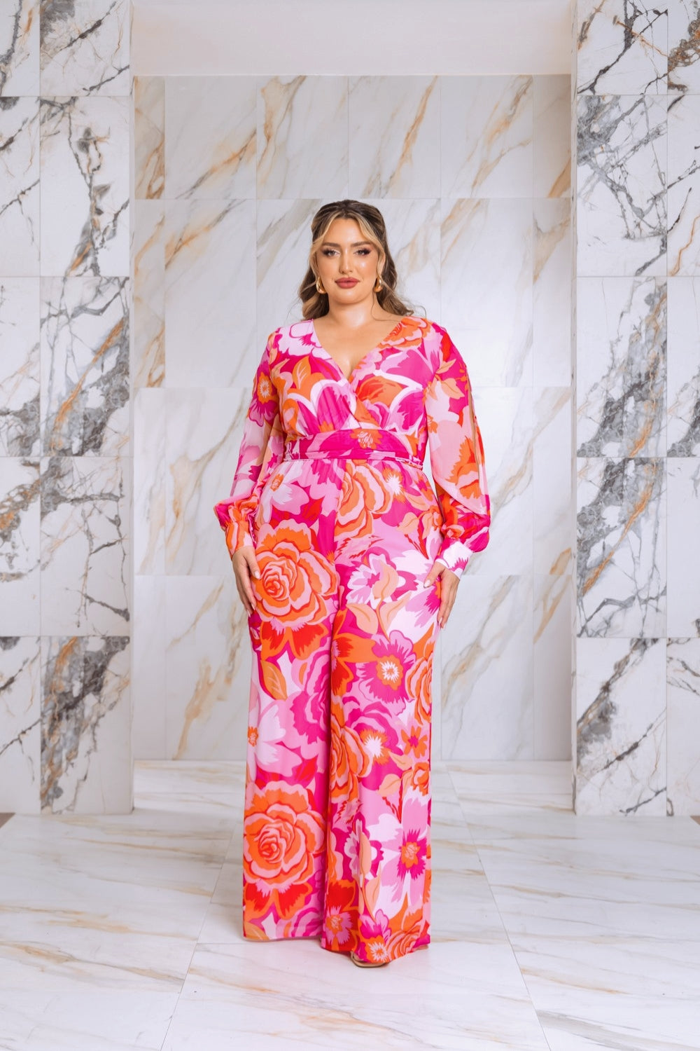 Floral Print Jumpsuit with Long Bishop Split Sleeves - Pink