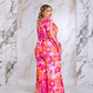 Floral Print Jumpsuit with Long Bishop Split Sleeves - Pink