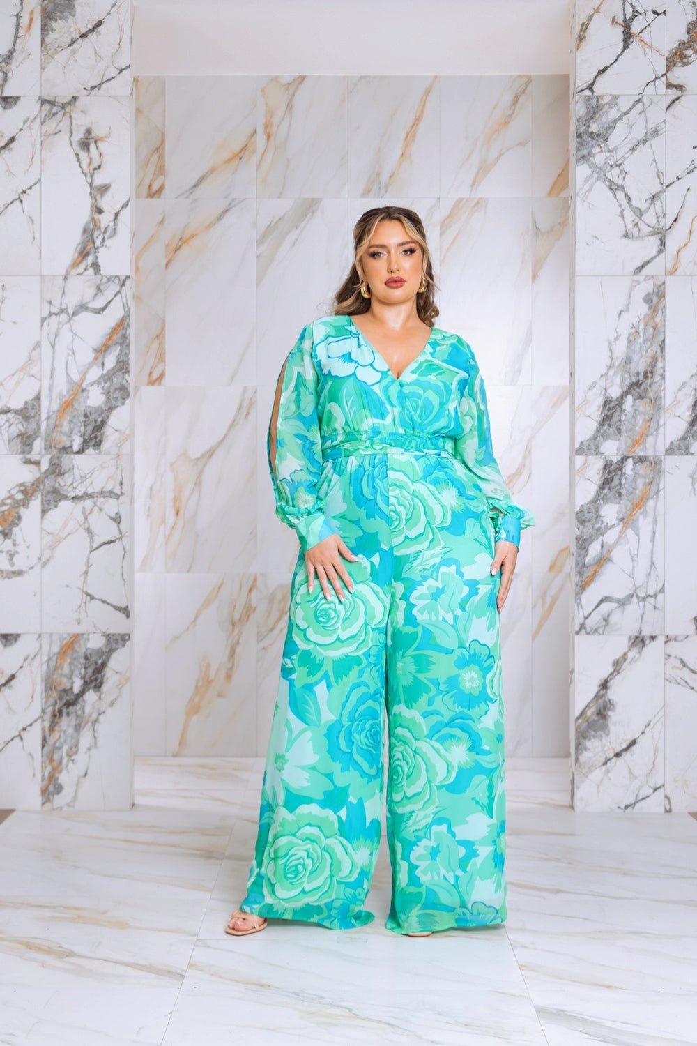 Floral Print Jumpsuit with Long Bishop Split Sleeves - Green