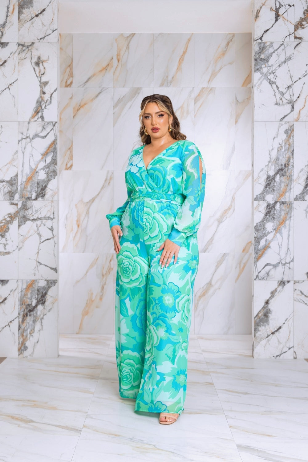 Floral Print Jumpsuit with Long Bishop Split Sleeves - Green