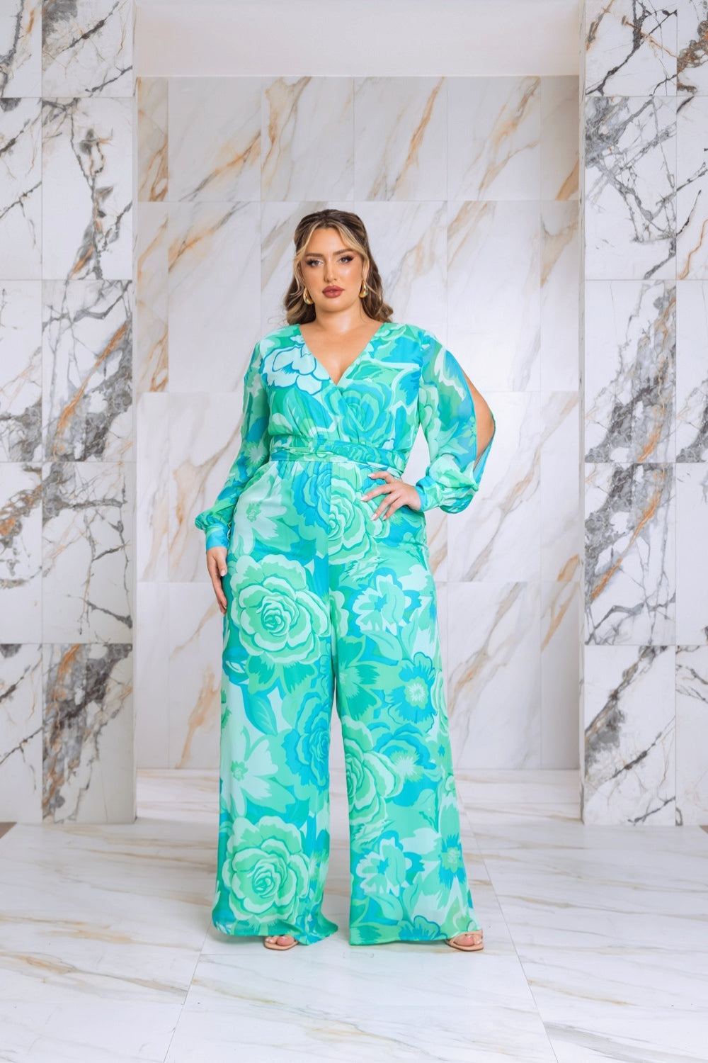 Floral Print Jumpsuit with Long Bishop Split Sleeves - Green