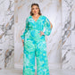Floral Print Jumpsuit with Long Bishop Split Sleeves - Green
