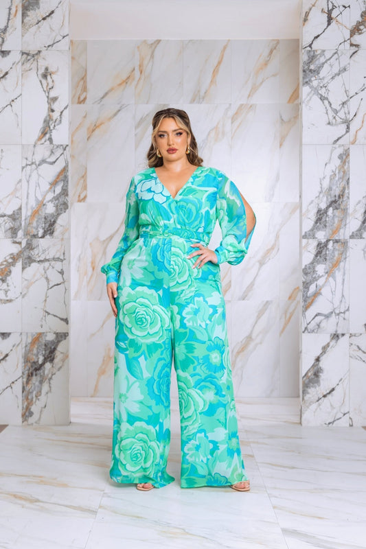 Floral Print Jumpsuit with Long Bishop Split Sleeves - Green