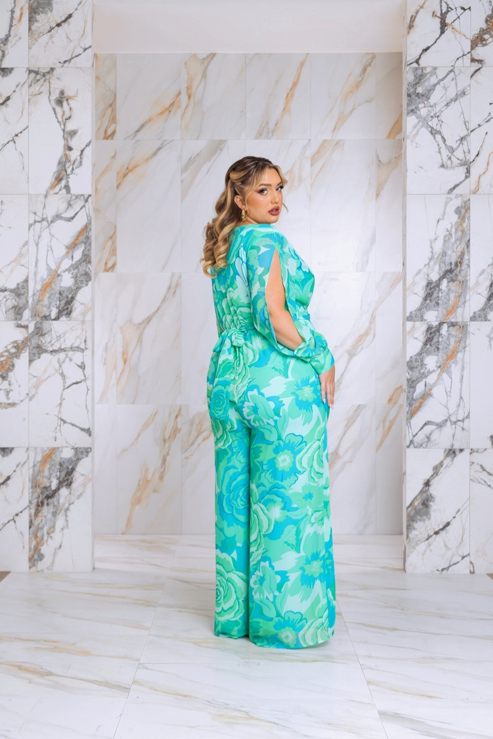 Floral Print Jumpsuit with Long Bishop Split Sleeves - Green