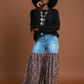 Distressed Light Denim Animal Print Palazzo Wide Leg Jeans