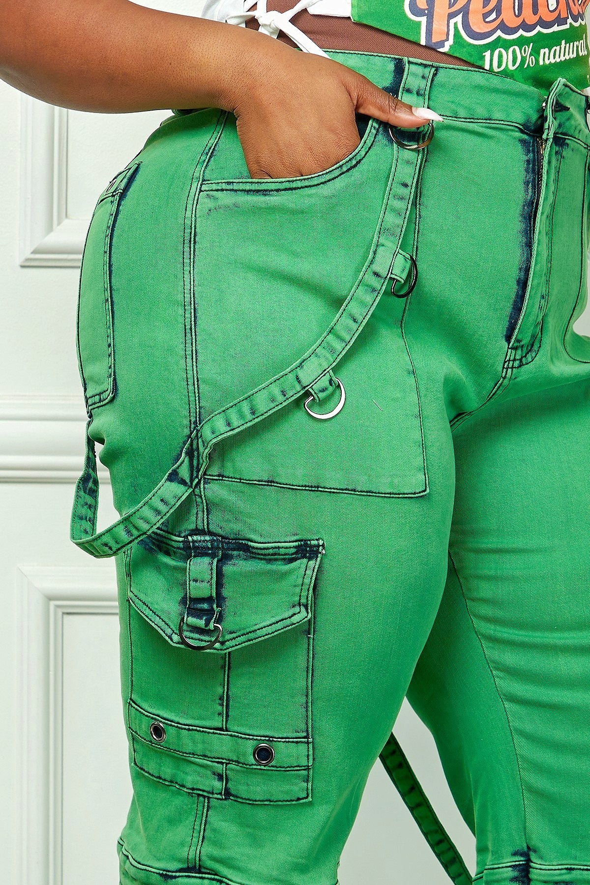 Oh So Crafty Utility Cargo Denim Pants - Green