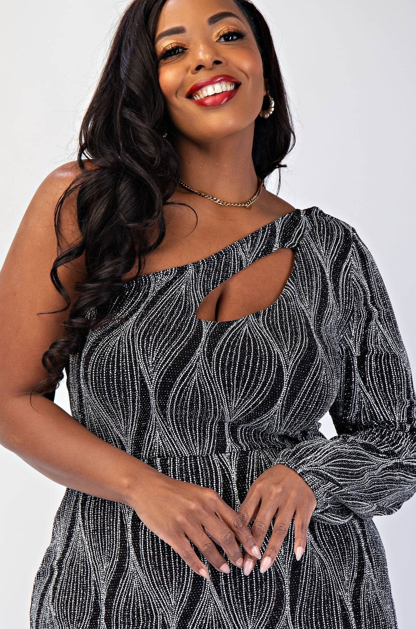 Sabrina Glitter Knit One Shoulder Cutout Dress