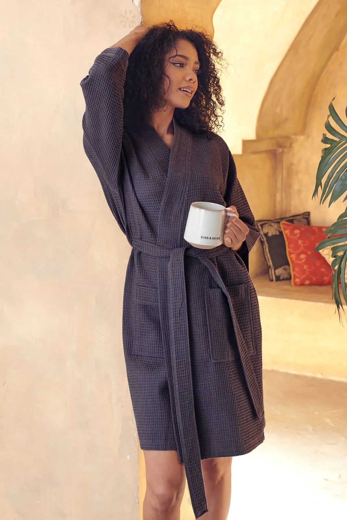 Knee-Length Waffle Kimono Robe