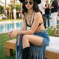 Cochella Bohemian Rhapsody Fringe Denim Skirt