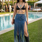 Cochella Bohemian Rhapsody Fringe Denim Skirt