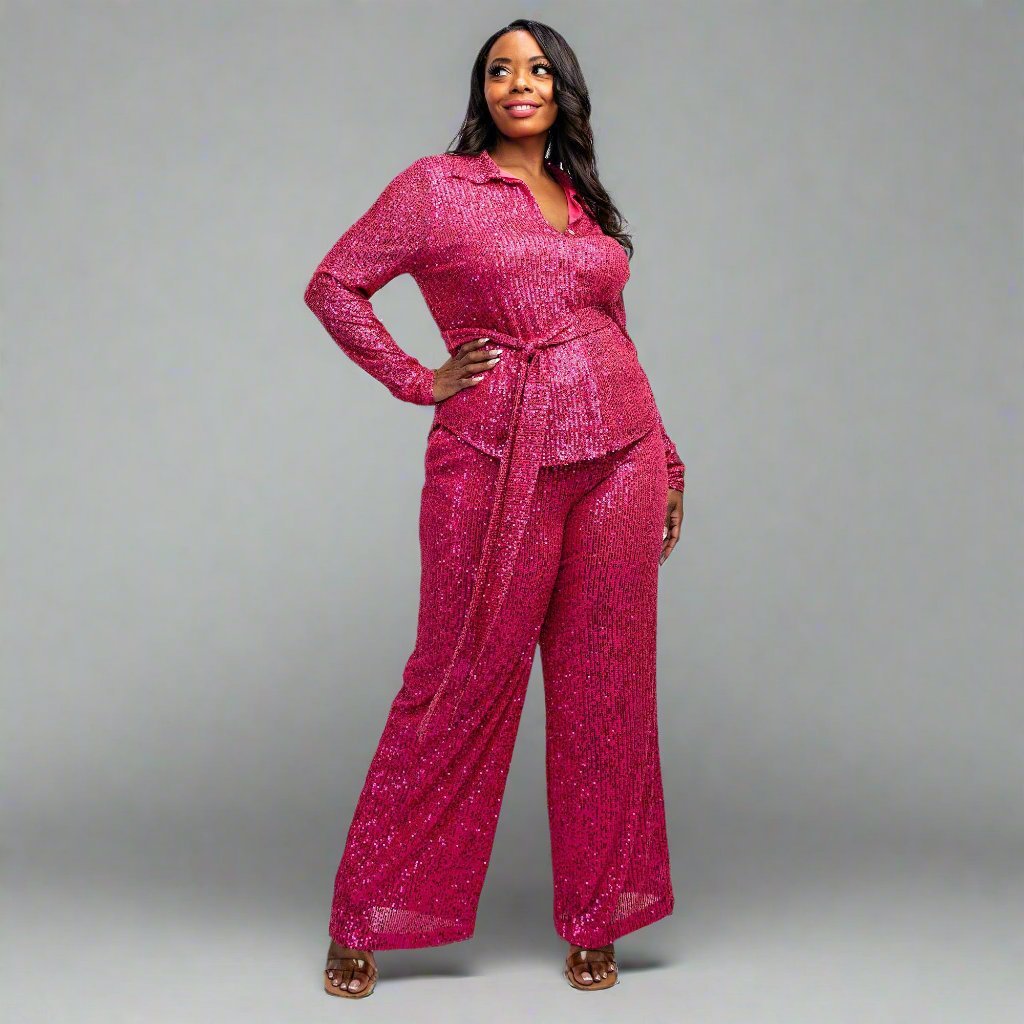 Sylvia Luxury Sequin Shirt and Wide Leg Pants Set