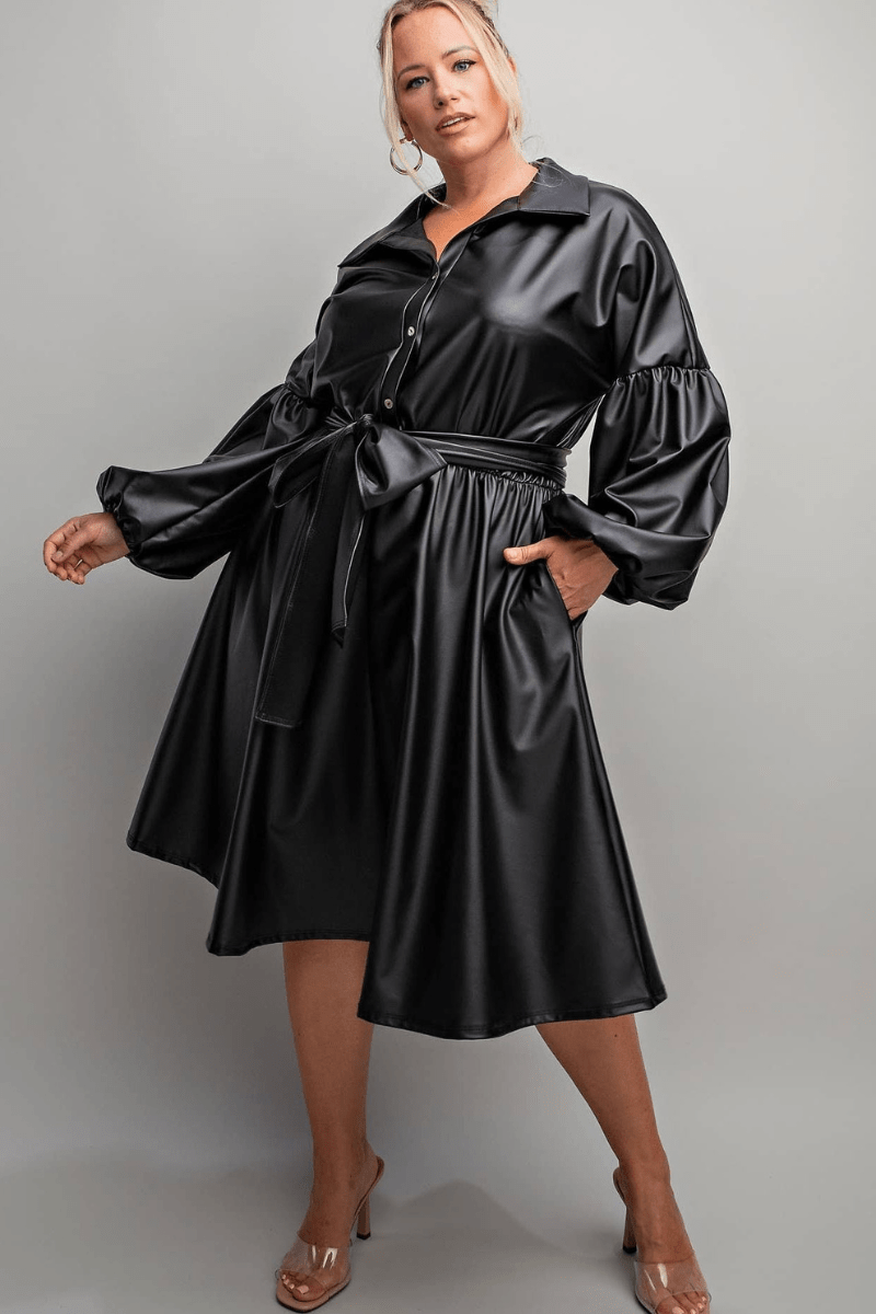 Victoria Faux Leather Button Front Fit Flare Dress