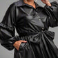 Victoria Faux Leather Button Front Fit Flare Dress