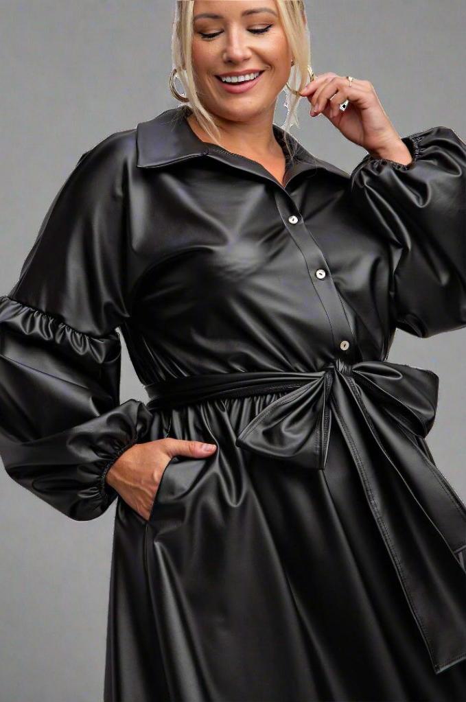 Victoria Faux Leather Button Front Fit Flare Dress