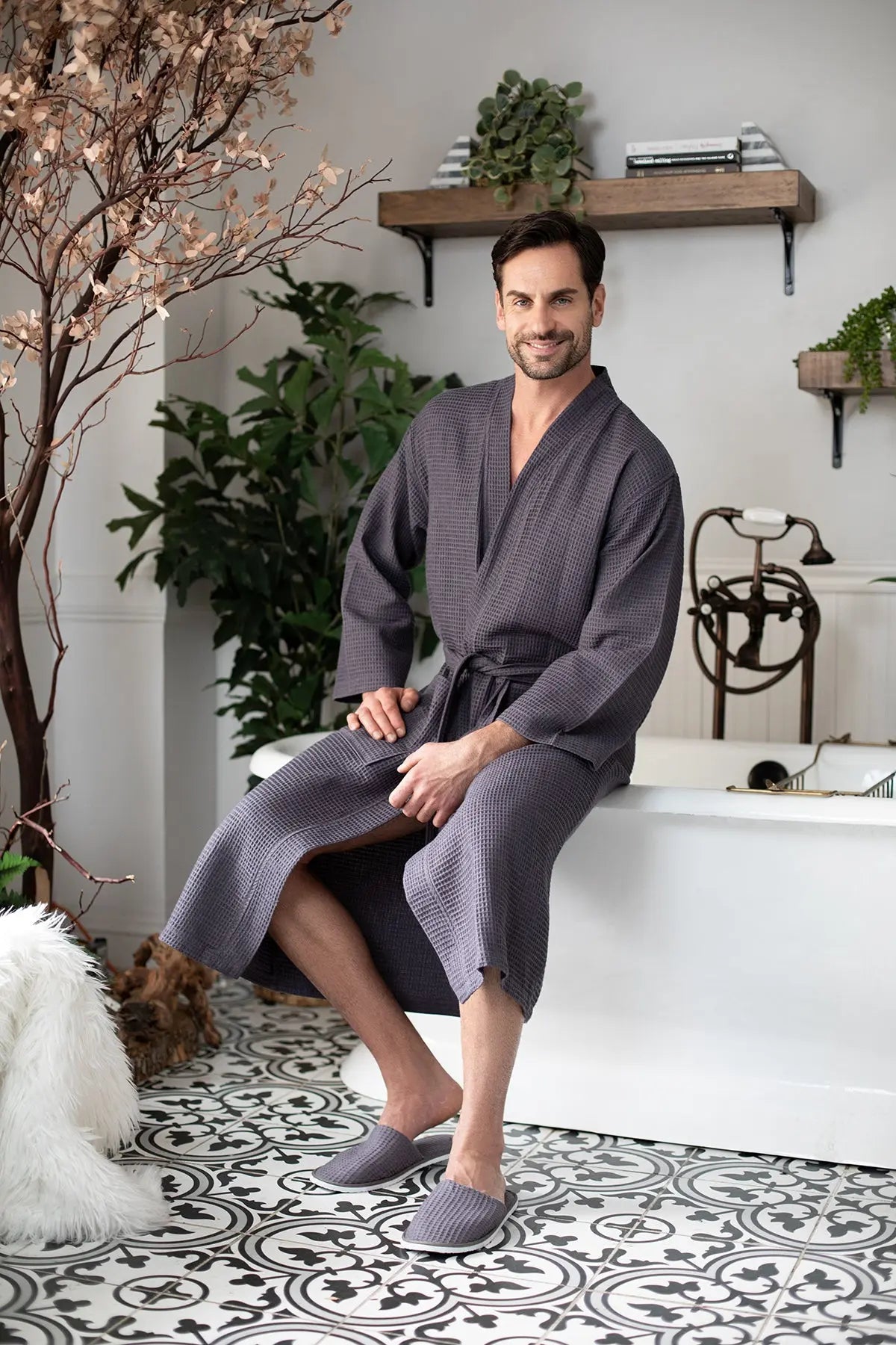 Waffle Kimono Spa Bathrobe -  Absorbent, Lightweight
