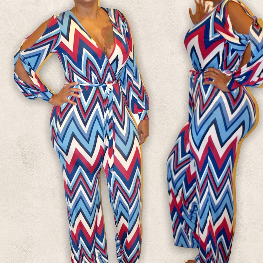 Chevron Print Open Sleeve Jumpsuit