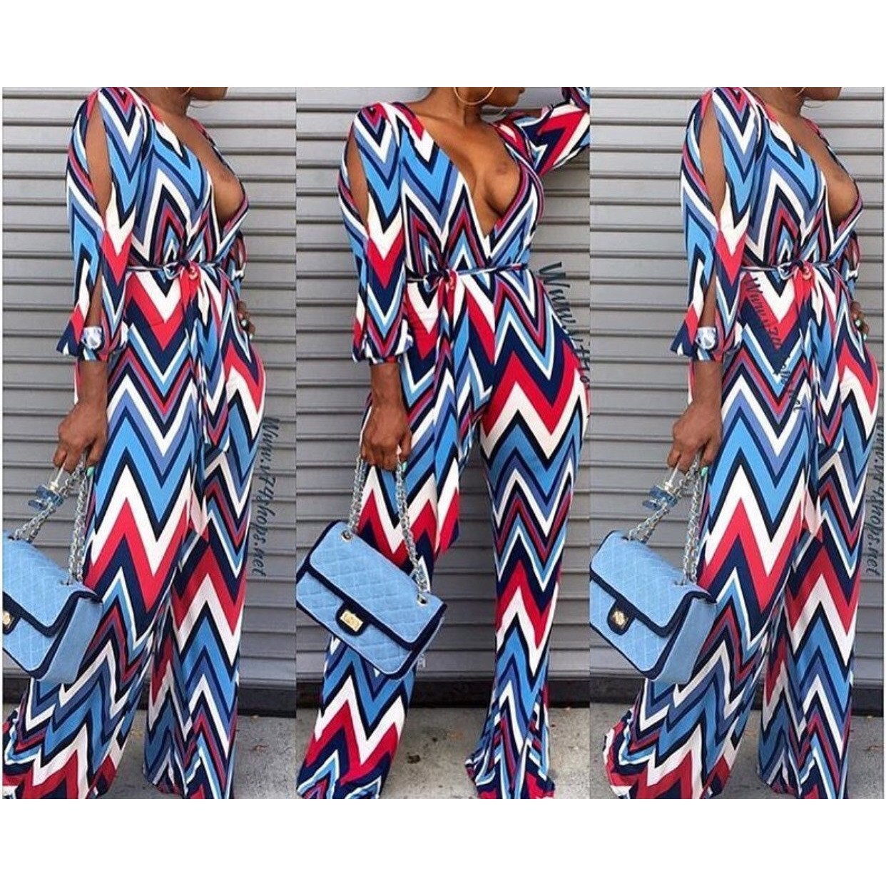Chevron Print Open Sleeve Jumpsuit