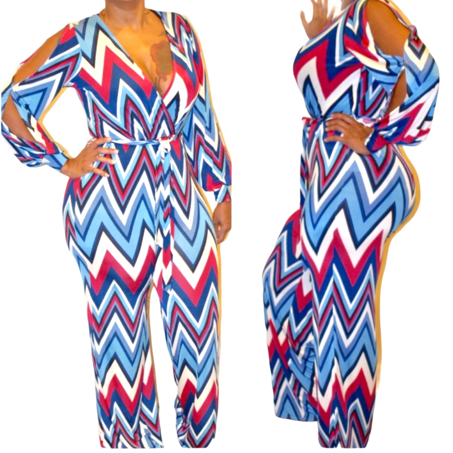 Chevron Print Open Sleeve Jumpsuit
