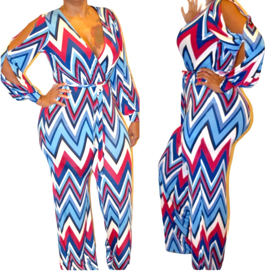 Chevron Print Open Sleeve Jumpsuit