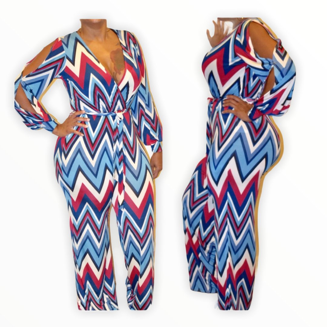 Chevron Print Open Sleeve Jumpsuit
