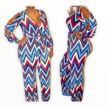 Chevron Print Open Sleeve Jumpsuit