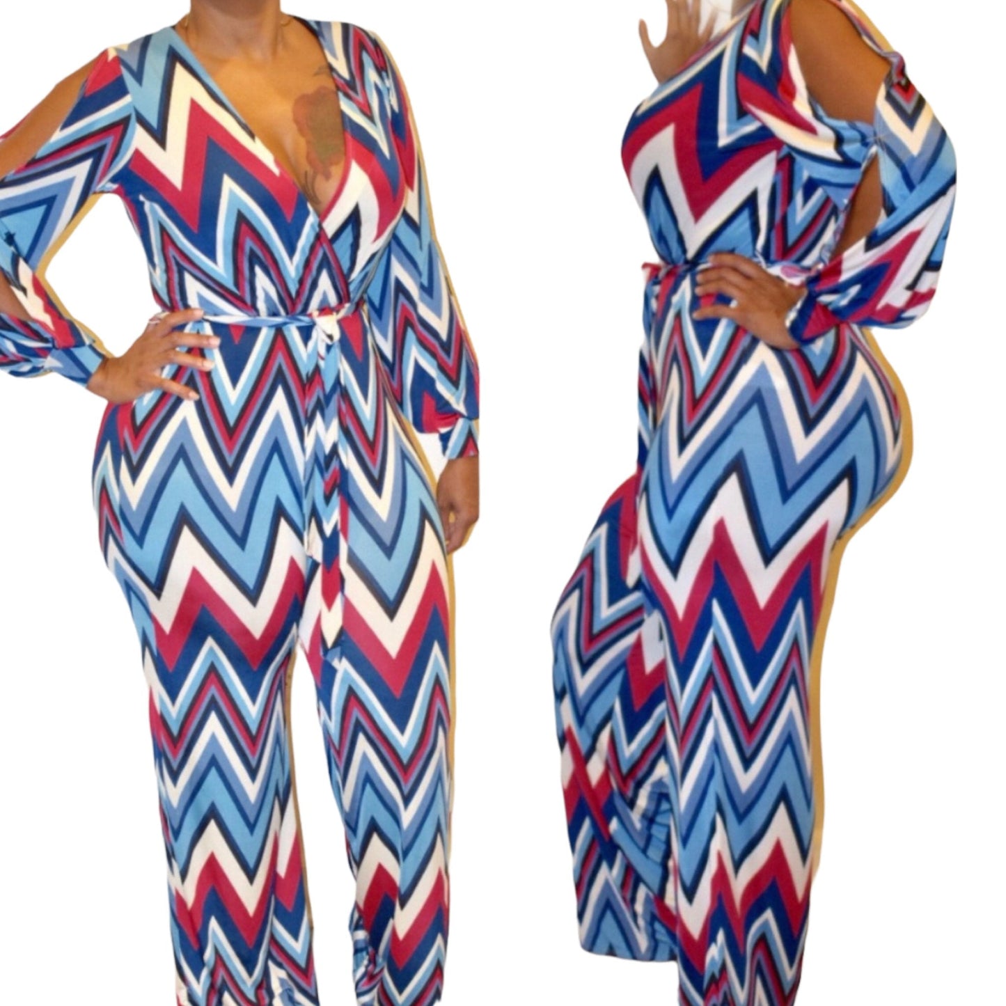 Chevron Print Open Sleeve Jumpsuit