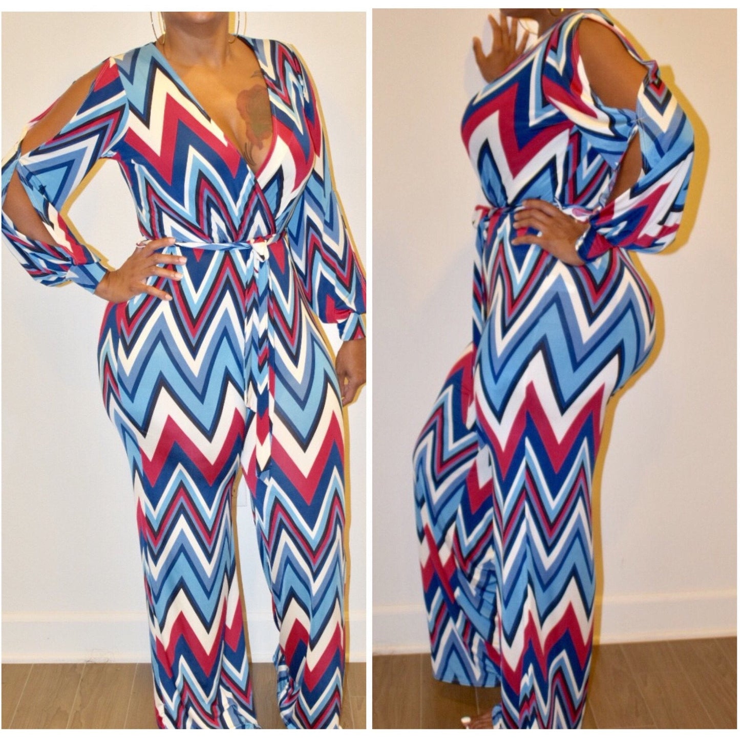 Chevron Print Open Sleeve Jumpsuit