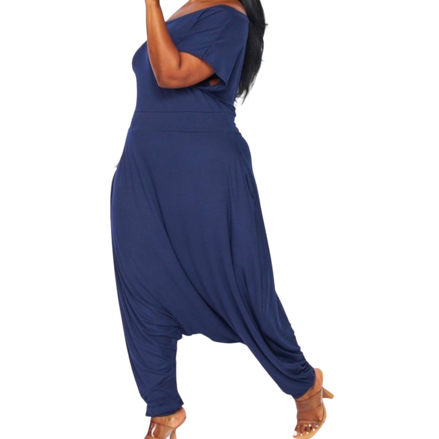 Navy Off the Shoulder Harem Jumpsuit