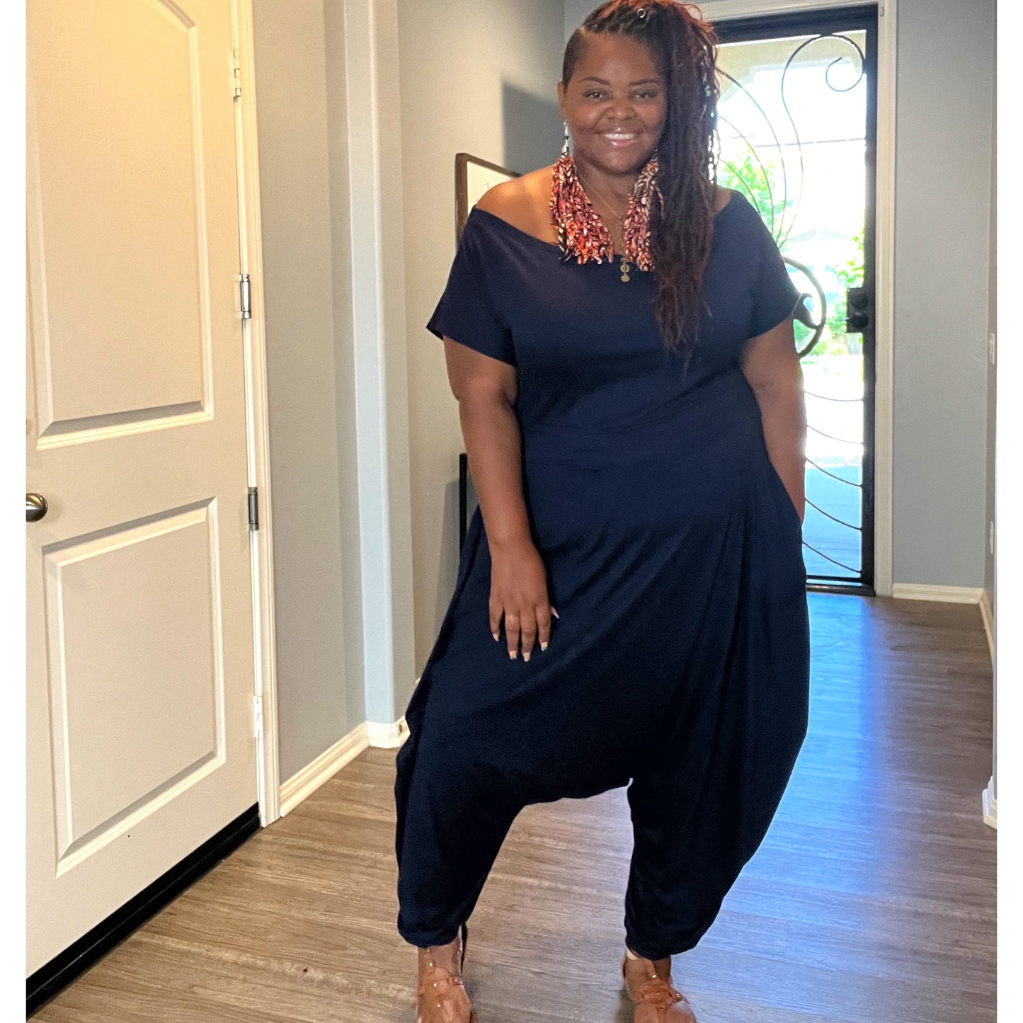 Navy Off the Shoulder Harem Jumpsuit