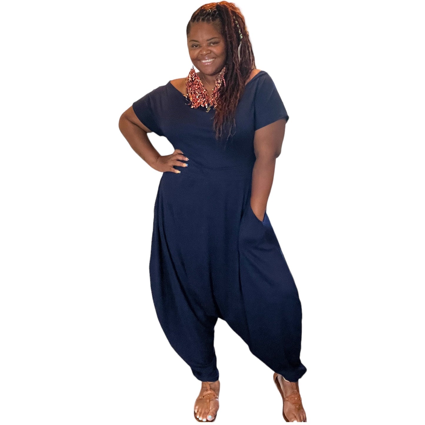 Navy Off the Shoulder Harem Jumpsuit
