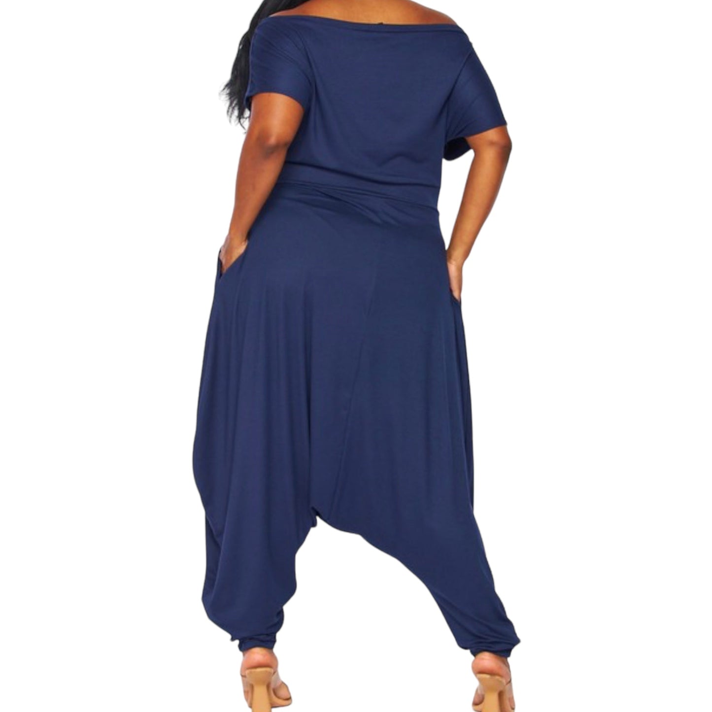 Navy Off the Shoulder Harem Jumpsuit