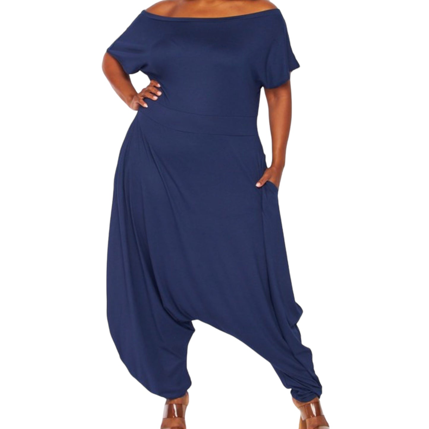 Navy Off the Shoulder Harem Jumpsuit