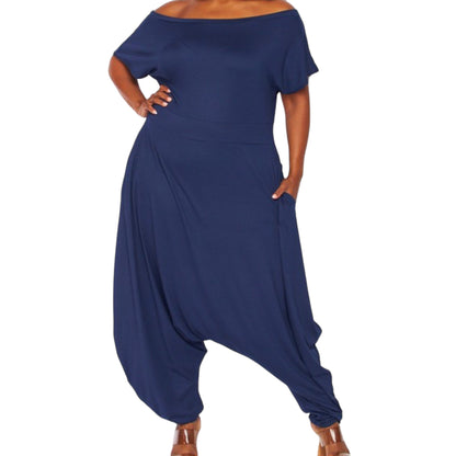 Navy Off the Shoulder Harem Jumpsuit