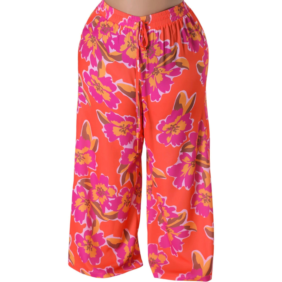 Orange Floral Print Wide Leg Pants