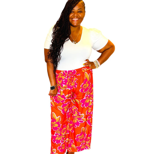 Orange Floral Print Wide Leg Pants