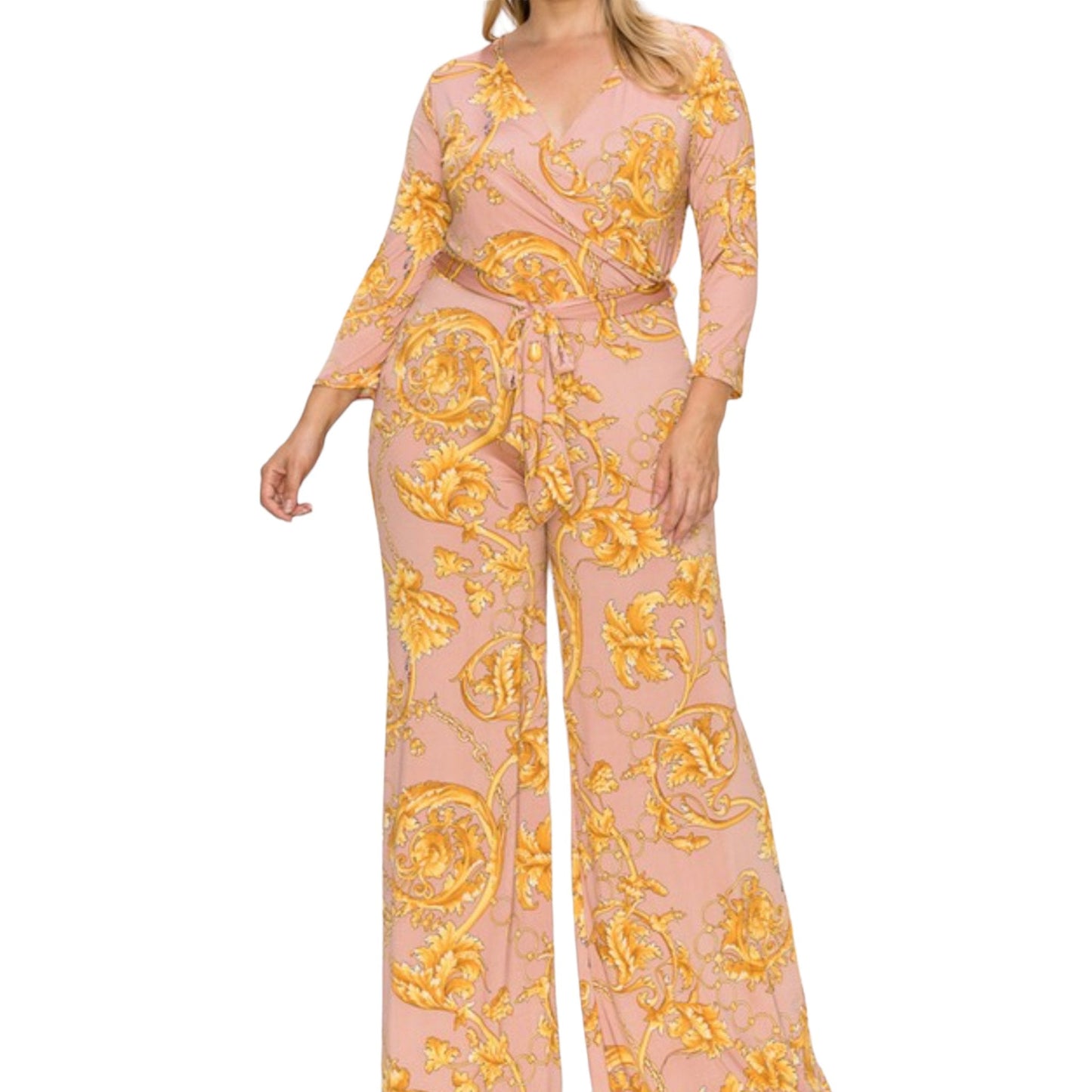 Gold Chain Faux Wrap Jumpsuit Dress