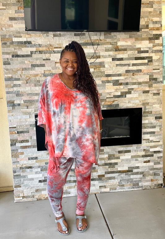 Red Tie Dye Asymmetrical Legging Set