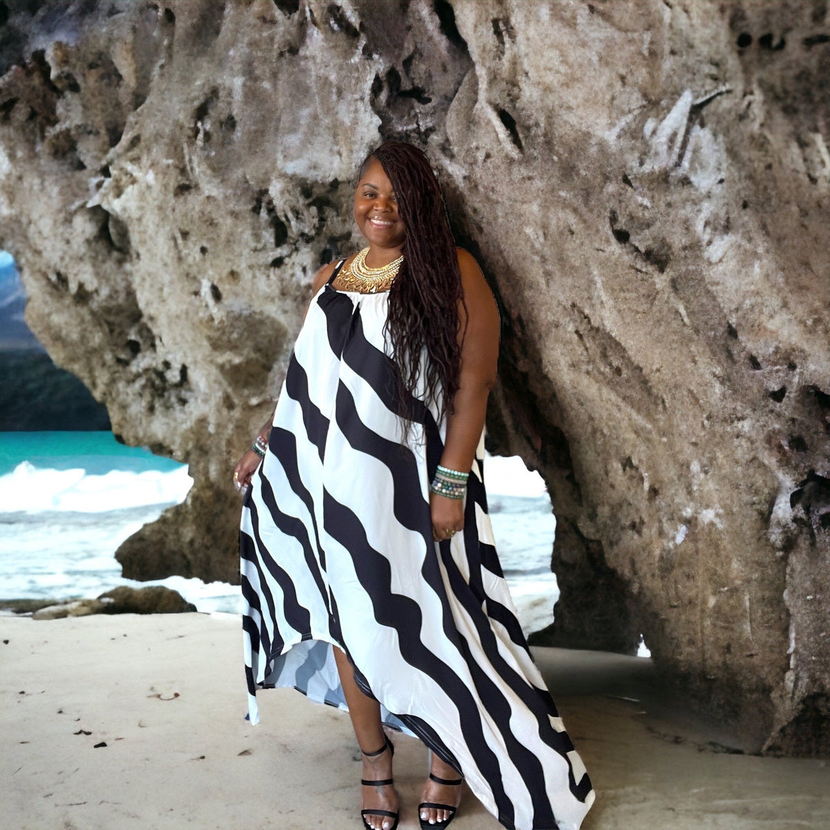 Wavy Hi Lo Print Maxi Dress