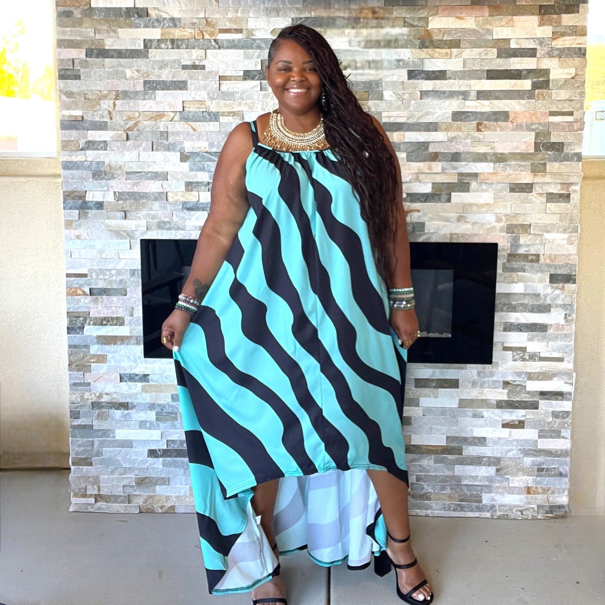 Wavy Hi Lo Print Maxi Dress