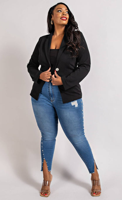 Zoe Stretch Luxe Crystal Detail Button Blazer